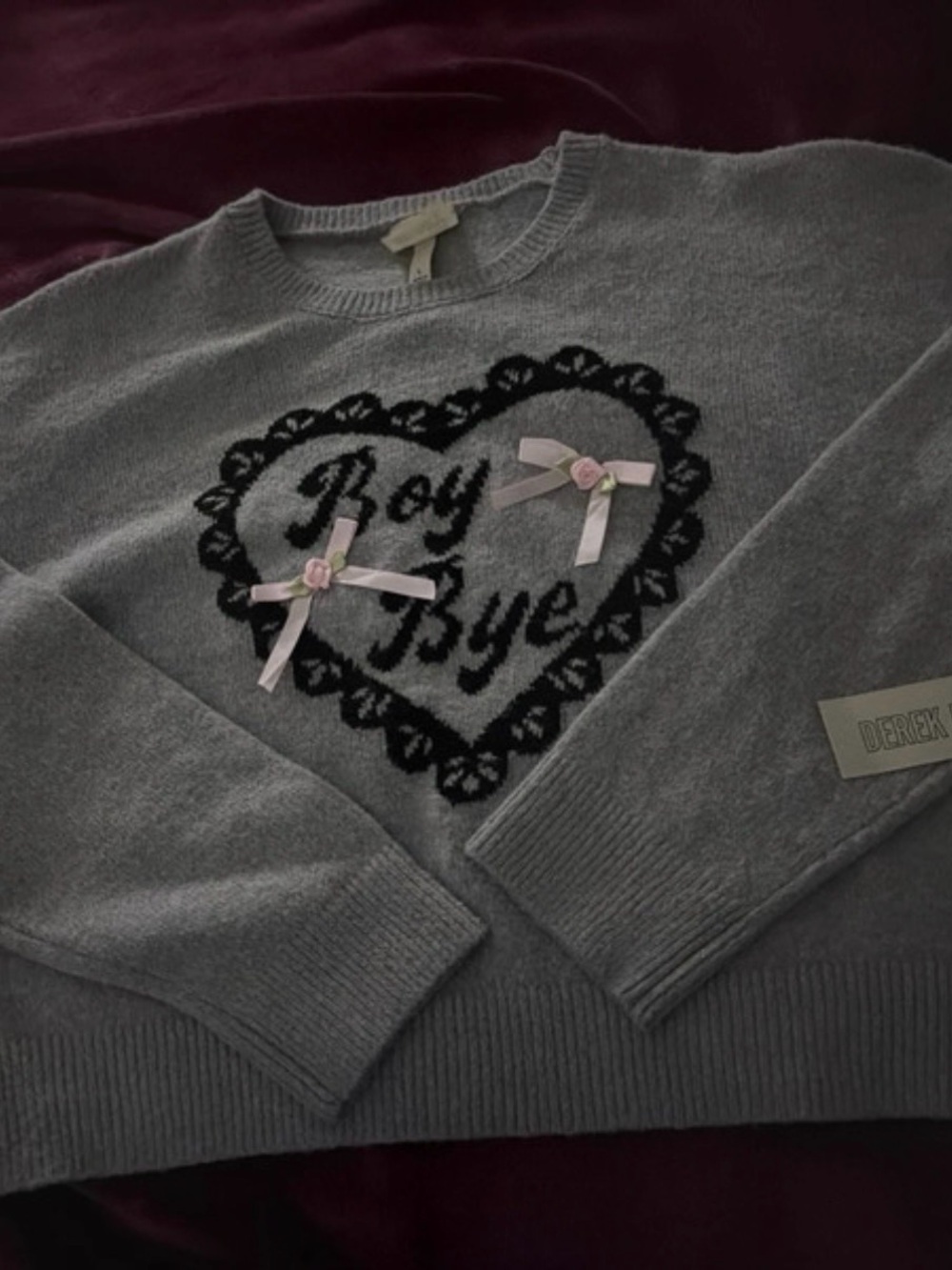 Derek Heart Gray Crewneck Sweater with Black Heart and Pink Bows
